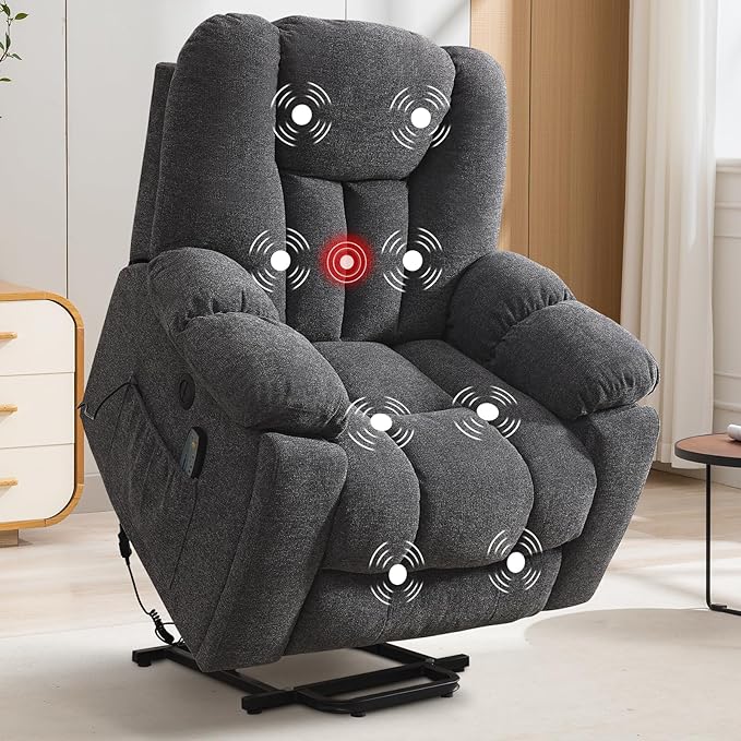CANMOV Power Lift Recliner Chair with Massage and Heat for Elderly, Overstuffed Wide Recliners, Heavy Duty and Safety Motion Reclining Mechanism with USB Ports, 2 Concealed Cup Holders, Smoke Gray