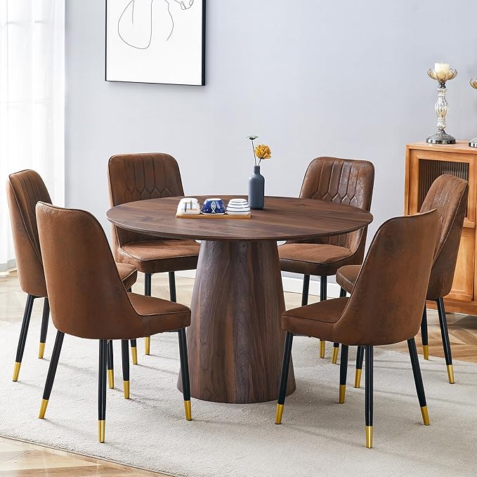 45 Inch Round Dining Table Set for 6, 7 Piece Kitchen Table and Chairs Set, Wooden Table with Walnut Finish, Small Space Dining Set for Apartment or Dining Room