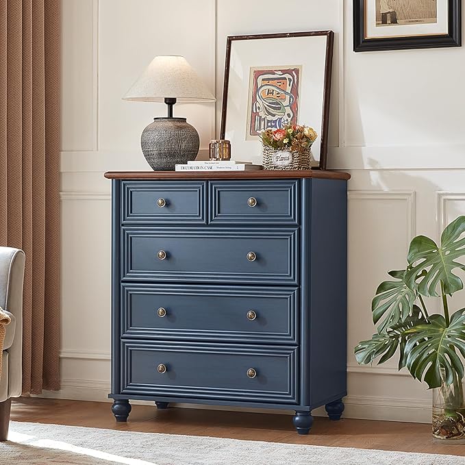Farmhouse 5 Drawer Dresser for Bedroom, 35.5" Tall Small Dressers & Chest of Drawers, Rustic Wood Dresser with Roman Column, Storage Organizer for Living Room, Hallway, Closet (Blue)