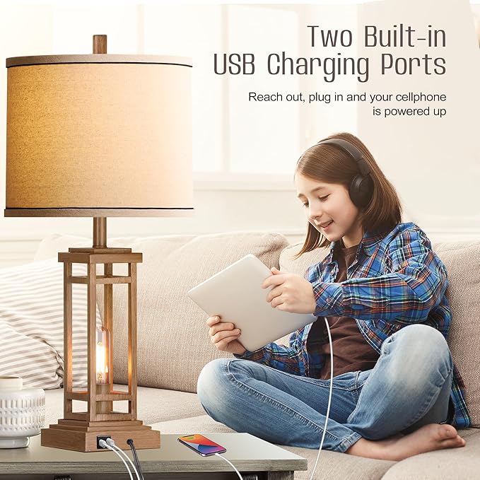 ROTTOGOON 27.5 Tall Farmhouse Table Lamps with USB C + USB A Charge Ports, Rustic Living Room Lamps Set of 2, Black Industrial End Table Lamp for Bedroom Living Room Nightstand (Wood)
