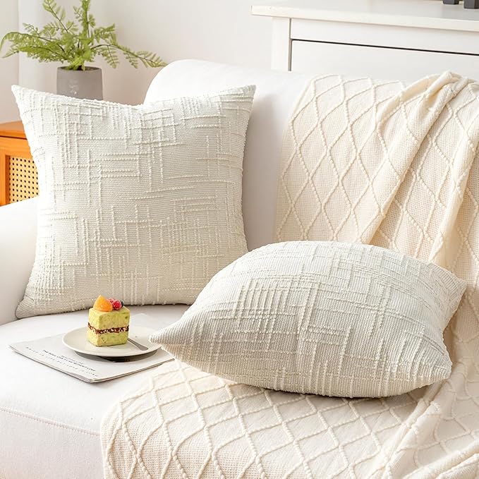 Decorative Throw Pillow Covers 18x18 Inch Set of 2, Thick Solid Farmhouse Chenille Couch Pillows, Spring Pillow Covers for Couch Sofa Bed Living Room Home Decor Pillowcase,White