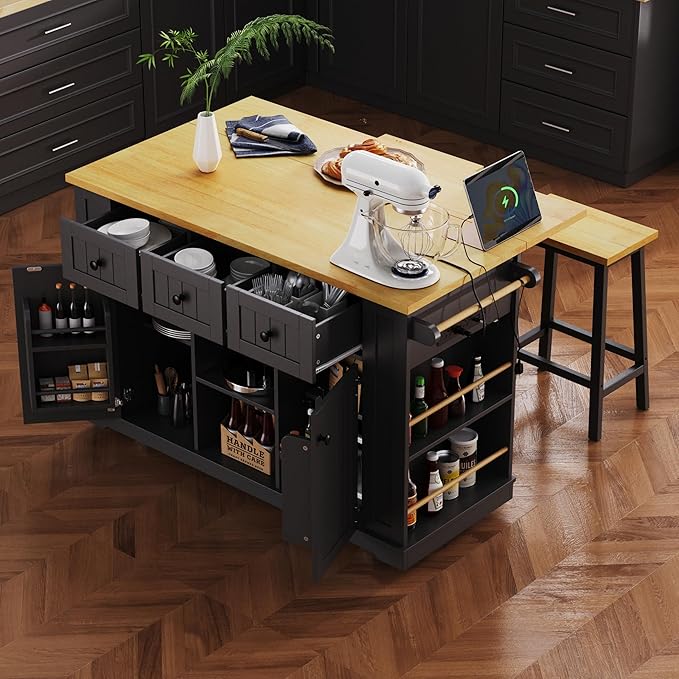 Large Kitchen Island Cart on 5 Wheels with 2 Bar Stools, Power Outlet, Drop Leaf, 3 Drawers, Kitchen Storage Cart with 5 Open Side Racks for Kitchen, Dining Room, Home Bar Black