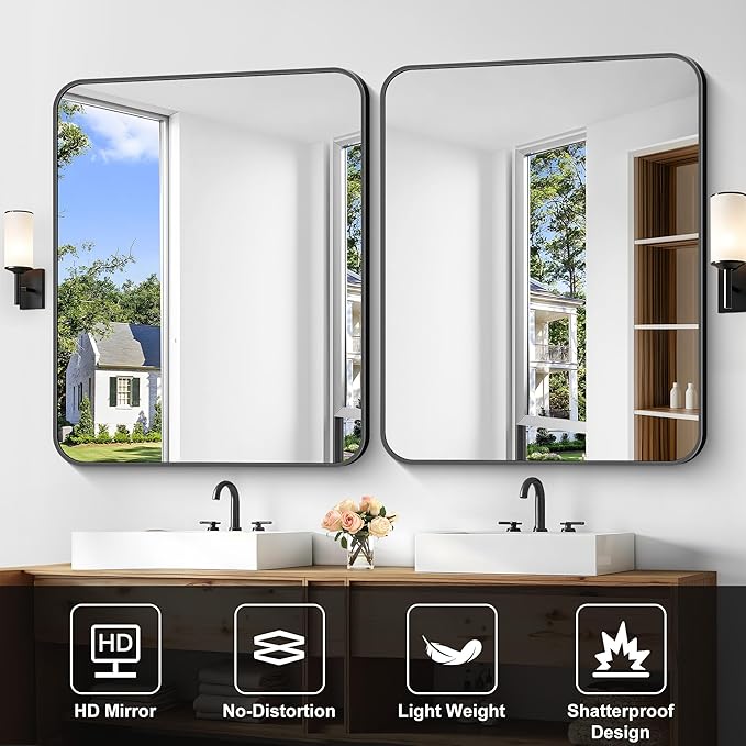 Bathroom Mirror, 36 x 30 inch Metal Framed Black Rectangle Mirror, Rounded Corner Rectangular Vanity Mirror, Wall Mounted Mirror for Modern Bedroom Living Room Hangs Horizontal or Vertical