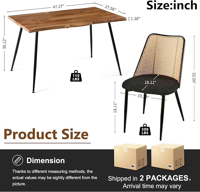 47-Inch Rectangular Dining Table Set for 4, 5 Pieces Kitchen Table Set with 4 Seater Dining Chairs Upholsetered Boucle Room Chairs Curved Rattan Backrest for Kitchen Apartment Restaurant