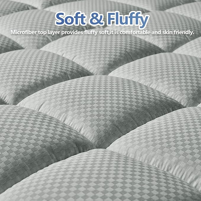 MATBEBY Bedding Quilted Fitted California King Mattress Pad Cooling Breathable Fluffy Soft Mattress Pad Stretches up to 21 Inch Deep, Cal King Size, Light Grey, Mattress Topper Mattress Protector