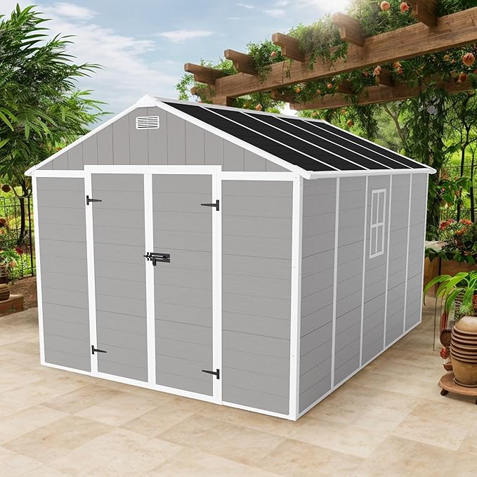 8x10 FT Outdoor Storage Resin Shed with Floor, Plastic Garden Tool Shed with Sloped Roof, Lockable Door & Windows, Easy to Assemble Bike Shed for Lawn, Backyard, Patio, Grey
