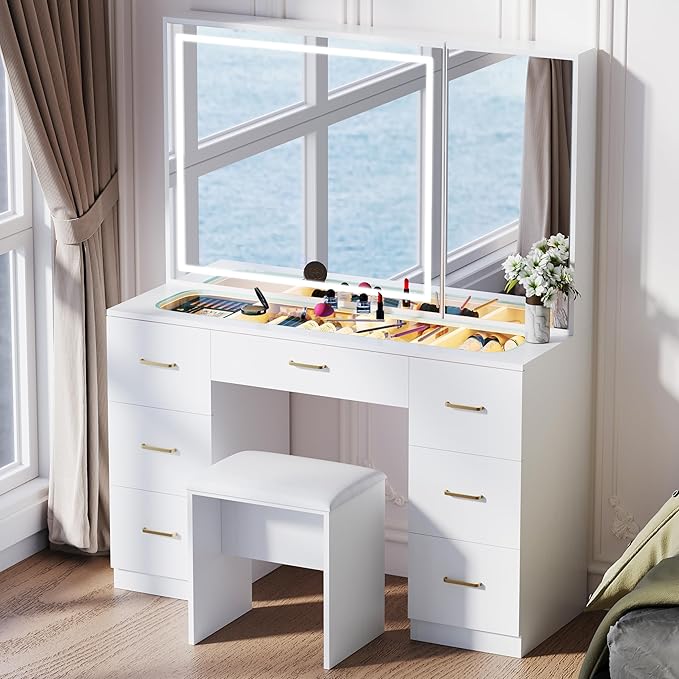 Galss Top Vanity Desk with Mirror and Lights, Large Storage Makeup Vanity with 7 Drawers, White Vanity Table with Side Glass Cabinet, Adjustable Brightness Dressing Table Set with Stool