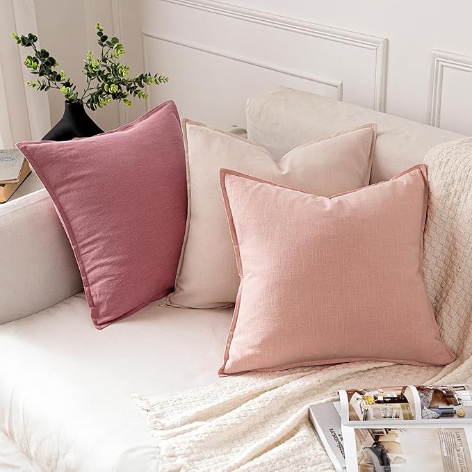 MIULEE Decorative Linen Pillow Covers 18x18 Inch Pink Boho Farmhouse Neutral Couch Throw Pillows for Bed Pack of 2 Accent Modern Pillowcase Sofa Livingroom Home Decor