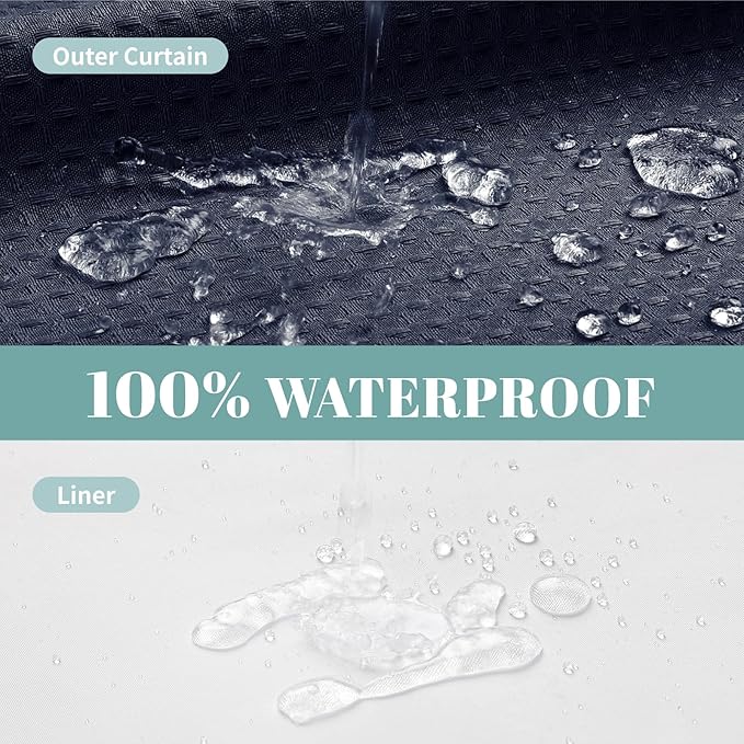 Navy No Hook Waffle Weave Shower Curtain with snap-in Liner Replacement, 230GSM Waterproof Fabric Hotel Shower Curtain Set for Bathroom, Through Mesh Top Window,54Wx80H