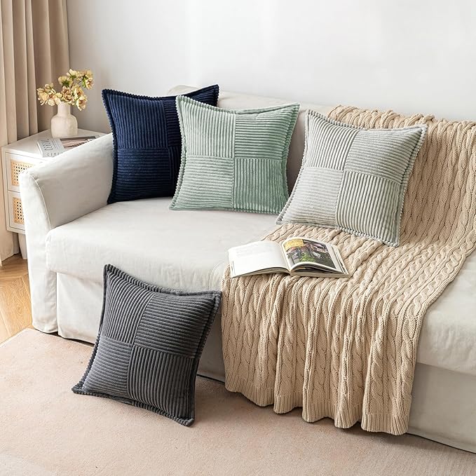 MIULEE Greyish Green Corduroy Decorative Euro Sham Pillow Covers 24x24 Inch with Splicing Set of 2 Soft Boho Pillow Covers Broadside Textured Summer Pillowcases for Couch Bed Livingroom