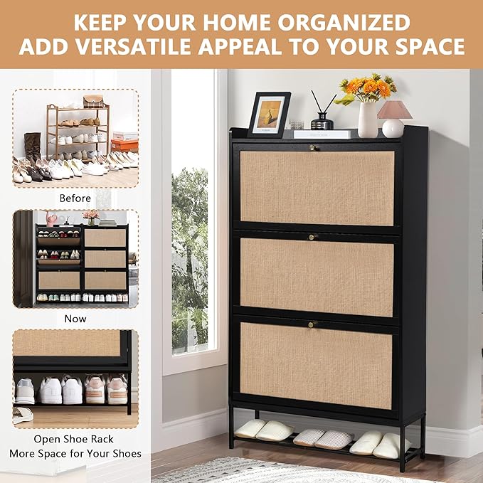 LEVNARY Shoe Cabinet for Entryway, Slim Shoe Cabinet with 3 Flip Drawers Narrow Shoe Storage Cabinet, 4 Tier Freestanding Shoe Organizer for Entryway, Hallway (2, Black)