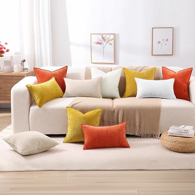 decorUhome Couch Throw Pillow Covers 20x20 Set of 2, Decorative Soft Euro Neutral Chenille Pillow Covers with Elegant Design for Sofa Bed Living Room Home Decor, Cream White