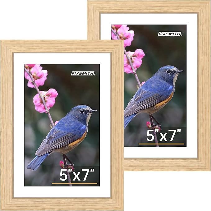 FIXSMITH 5x7 Picture Frame Set of 2, Photo Frame with HD Plexiglass, Display Pictures 4x6 with Mat or 5x7 Without Mat Multi Picture Frames Collage for Tabletop or Wall Display, Natural