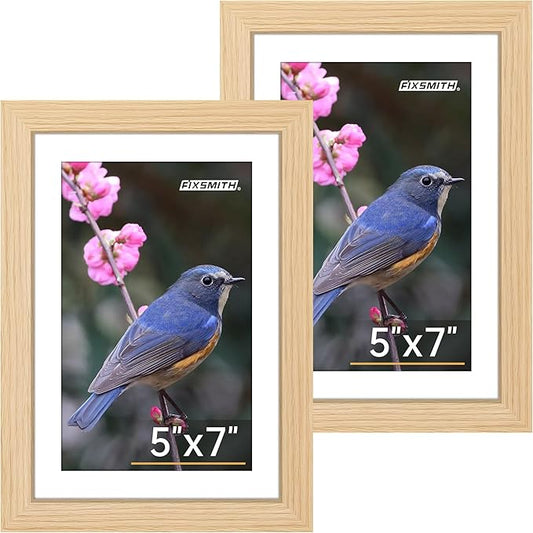 FIXSMITH 5x7 Picture Frame Set of 2, Photo Frame with HD Plexiglass, Display Pictures 4x6 with Mat or 5x7 Without Mat Multi Picture Frames Collage for Tabletop or Wall Display, Natural