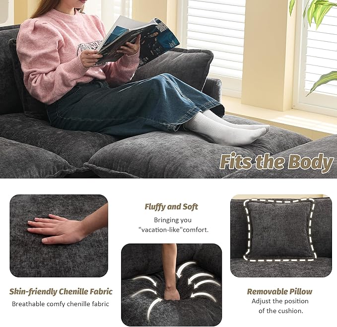 76'' Cloud Deep Seat Loveseat, Upholstered Chenille Modular 2-Seats Sectional Sofa Couch, Modern Comfy Settee Loveseat for Living Room Set, Small Apartment, Dark Grey