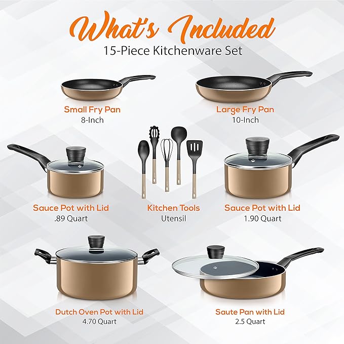 15-Piece Nonstick Kitchen Cookware Set - PTFE/PFOA/PFOS Free Heat Resistant Lacquer Kitchen Ware Pots Pan Set w/Bakelite Handles, Saucepan, Frying Pans, See-through Lid - SereneLife SLCW15GLD (Gold)