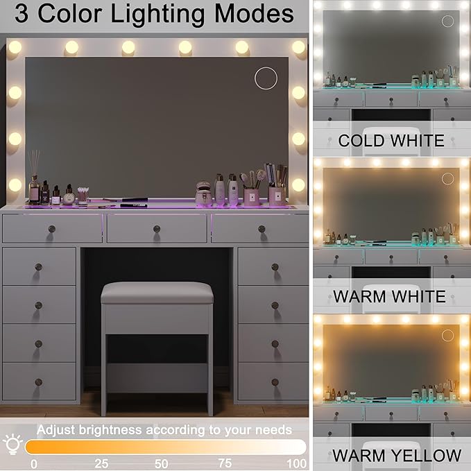Vanity Desk with Mirror, Makeup Table with Power Outlet and 11 Lights, Set 3 Lighting with RGB Drawers, Vanity Table with 11 Drawers and Cushioned Stool for Bedroom, Dressing Room (White)