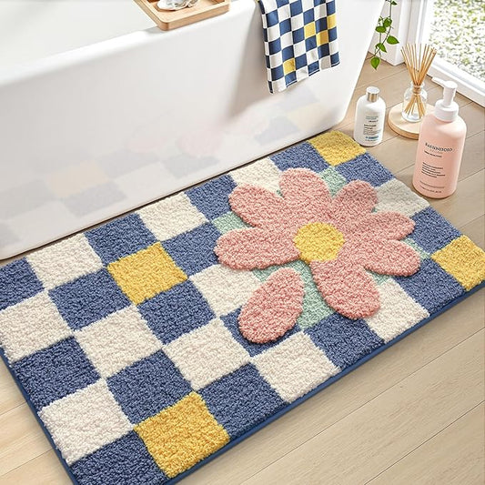 LUMI Bathroom Rug 24x36, Soft Absorbent Microfiber Bath Mats, Machine Washable Bath Rugs with Non-Slip Backing, Checkered Design Floor Mat for Bathroom, Shower and Bathtub Floor, Grid Flower