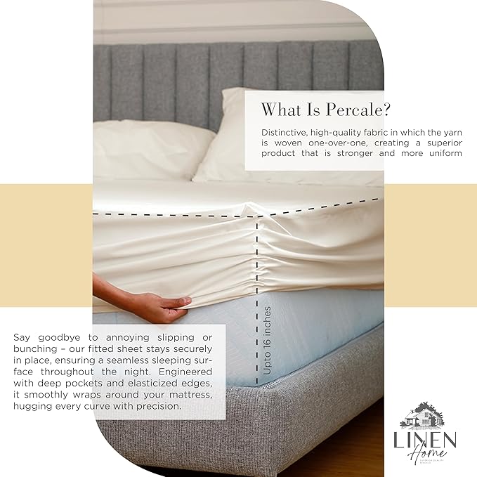Linen Home 100% Cotton Percale Sheets Full Size, Ivory, Deep Pocket, 4 Pieces Set - 1 Flat, 1 Deep Pocket Fitted Sheet and 2 Pillowcases, Crisp Cool and Strong Bed Linen