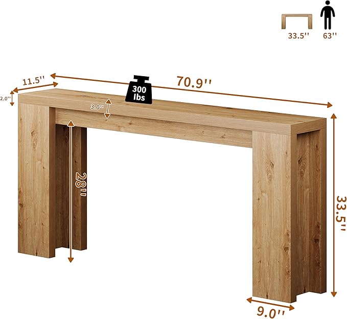 70.9 Inch Extra Long Console Table, Farmhouse Entryway Table with Thickened Base, Wood Sofa Table Behind Couch Table, Narrow Entryway Accent Table for Living Room, Hallway, Entrance, Foyer, Brown