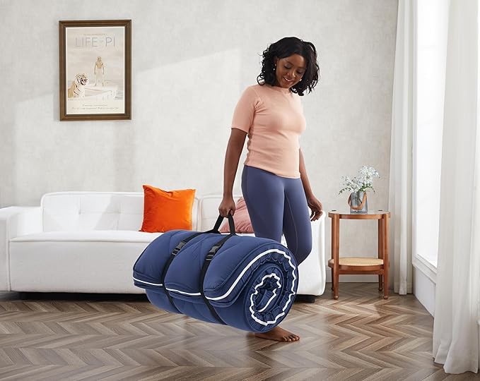 4Inch Floor Mattress,3 Layer Structure Cot Mattress Topper,Gel Memory Foam Futon Mattress,Removable Thickened Cover,Portable Roll Up Sleep Pad (Blue, 72X24)