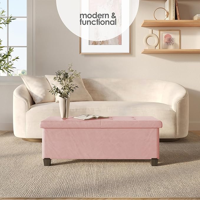 STORAGEBUD Storage Ottoman Bench with Bins, 43-in Storage Bench for Bedroom End of Bed, Folding Foot Rest Ottoman for Living Room Max 660lbs, Faux Leather Ottomans, Pink