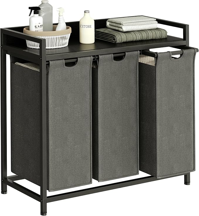 Laundry Hamper with Shelf, Laundry Basket 3 Section, Laundry Sorter with Pull-Out Removable Large Bags and Movable Wheels, Metal Frame, 3 x 15.87 Gallons (60L), Black and Gray PF04XLC