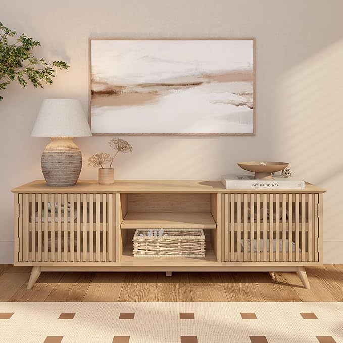 Plank+Beam Mid-Century Modern Wood TV Stand, Solid Wood Entertainment Console with Storage, 59" L x 16" W x 19" H, Blonde