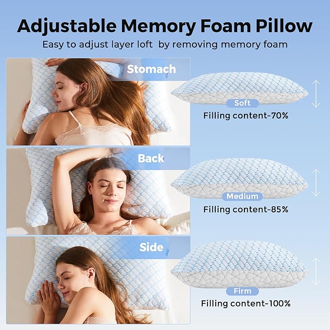 puredown Pillows Queen Size Set of 2, Shredded Memory Foam Pillows, Cooling Foam Pillow for Sleeping, Soft Bed Pillow Queen Size with Adjustable Foam for Side, Back and Stomach Sleepers