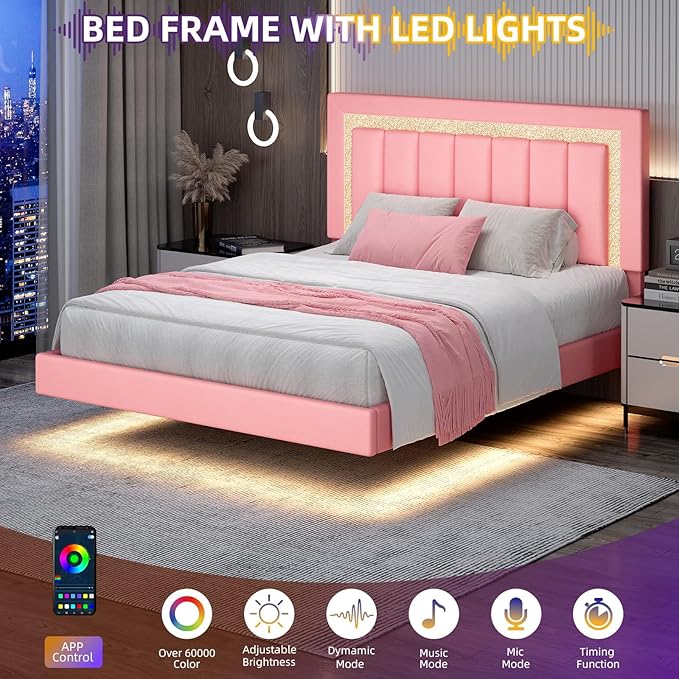 HOMBCK Floating Bed Frame Queen with Smart LED Lights, Faux Leather Upholstered Bed with Diamond PU Headboard, No Box Spring Needed, Noise-Free, Easy Assembly, Pink