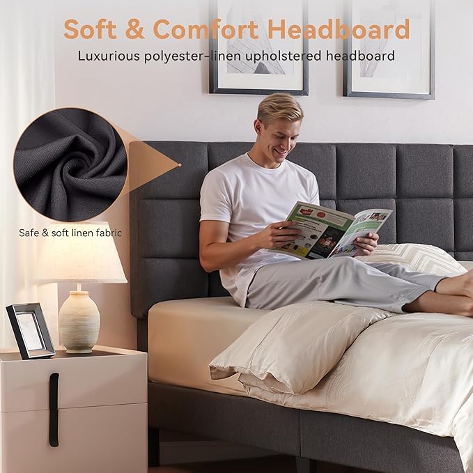 BedsPick Queen Size Bed Frame with Fabric Upholstered Headboard, Bed Frame Queen Size with Solid Wooden Slats Support, No-Noise, Easy Assembly, No Box Spring Needed with 1000LBS, Grey