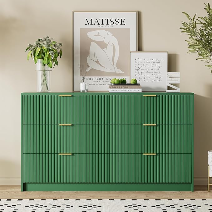 Green Dresser for Bedroom, Modern Dresser with 6 Drawers and Smooth Slides, Wide Chest of Drawers with Golden Handles for Bedroom, Living Room, Closet, 15.7" D x 55.1" W x 31.4" H