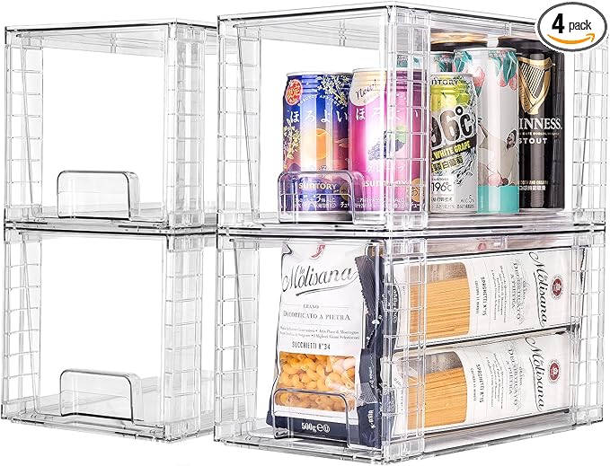 4Pack Large Stackable Kitchen Storage Drawers, Clear Foods Organizer Bins with Handles, Easily Assemble for Bathroom, Kitchen, Pantry, Cabinet, Closet(XL-Down Handle)