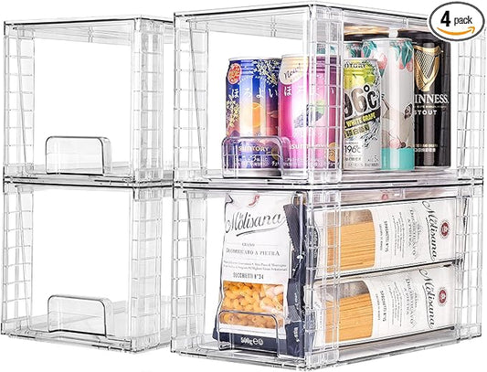 4Pack Large Stackable Kitchen Storage Drawers, Clear Foods Organizer Bins with Handles, Easily Assemble for Bathroom, Kitchen, Pantry, Cabinet, Closet(XL-Down Handle)