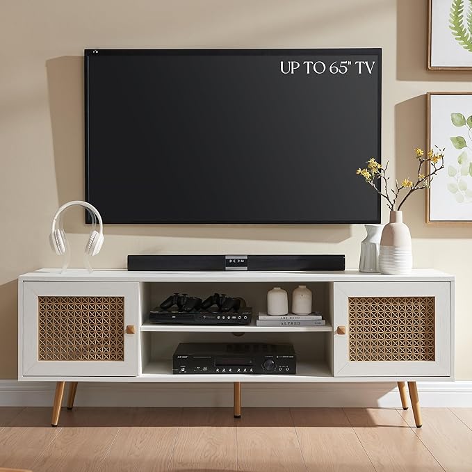 Modern TV Stand for Living Room, Media Console, Entertainment Center with Storage Cabinets for TVs up to 65", Off White