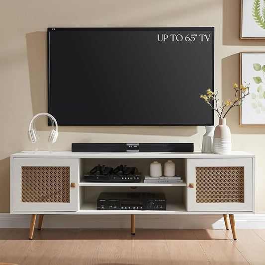 Modern TV Stand for Living Room, Media Console, Entertainment Center with Storage Cabinets for TVs up to 65", Off White
