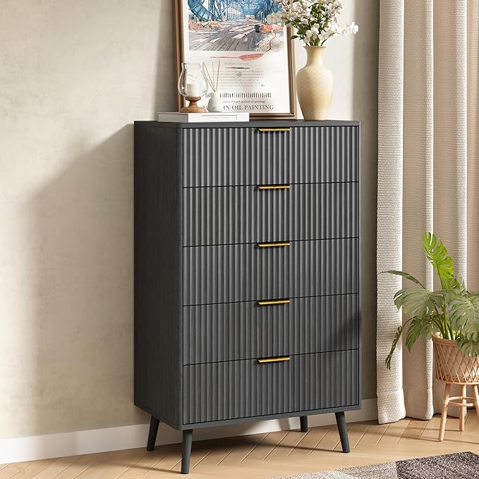 CARPETNAL Fluted 5 Drawers Dresser for Bedroom, 45”Tall Modern Chest of Drawers with Deep Drawers,Curved Profile Design, Wood Drawer Organizer for Living Room, Black