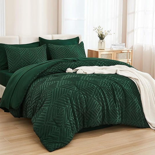 Andency Super King Size Comforter Set Dark Emerald Green - 7 Pieces Bed in a Bag Oversized King Bedding Sets, Boho Tufted Lightweight Fluffy Bed Set with Comforter, Sheets, Pillowcases & Shams