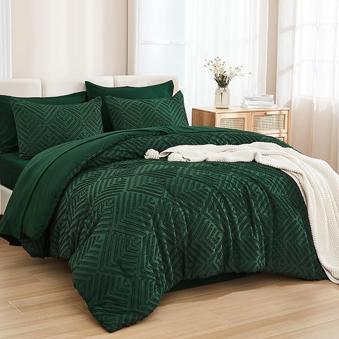 Andency California King Comforter Set Dark Emerald Green - 7 Pieces Bed in a Bag Cal King Bedding Comforter Sets, Tufted Lightweight Fluffy Bed Set with Comforter, Sheets, Pillowcases & Shams