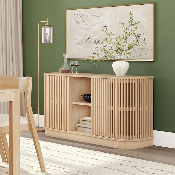 Plank+Beam Contour Wood TV Stand, Two Door Solid Wood Entertainment Console with Storage, 59" L x 16" W x 30" H, Blonde