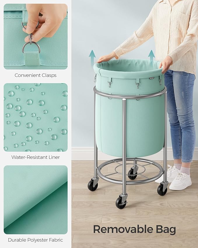 SONGMICS 29-Gallon (110 L) Laundry Basket with Wheels, Rolling Round Heavy-Duty Laundry Hamper Cart with Steel Frame and Removable Bag, 2 Locking Wheels, Mint Green and Metallic Silver URLS002C01