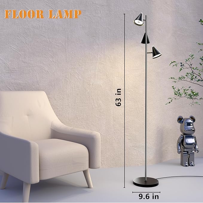 Floor Lamp 3 LED Lights Simple Design Tall Standing Rotatable Dimmable Lighting with Magnetic Remote Control for Bedroom Reading Room Office 5 Color Temperatures 6500K 63"
