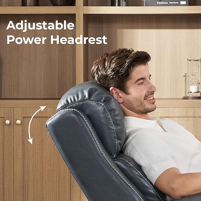 CHITA Genuine Leather Power Recliner Chair for Adults, Electric Wall Hugger Recliner with Adjustable Power Headrest & USB/Type-C Ports, Compact for Small Spaces & Living Rooms, Navy Blue