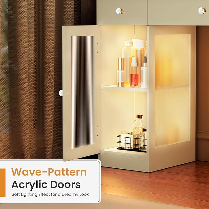 Pamapic Makeup Vanity with Crystal Knobs, Glass Top Vanity Desk with Mirror and Lights, Power Outlet, Drawers and Cabinet, 3 Lighting Color Adjustable Dressing Table, Upgraded Silent Slides, White