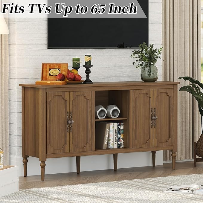 Vintage Buffet Sideboard Cabinet with 4 Doors, 59" Mid Century Modern Storage Cabinet with Shelf, Decorative Accent Credenza TV Stand (Brown)