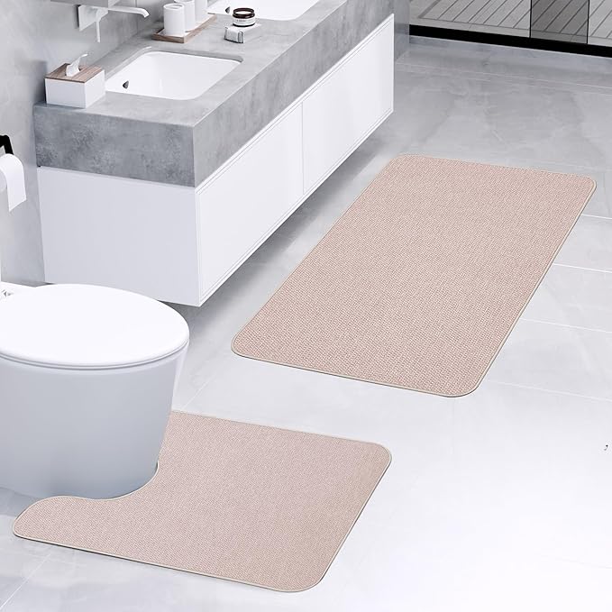 Bathroom Rugs Set 2 Pieces,Thin Bathroom Mats,Toilet Rugs,Quick Dry,Non-Slip,Machine Washable,Low Pile,Absorbent Bath Mats,Shower,Sink,Home Decor Accessories.Beige,1'5"x2'3"+1'8"x2" U Shape