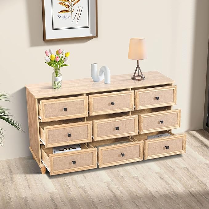 ORRD 9 Drawer Dresser for Bedroom, Mid Century Modern Wide Wood Rustic Chest of Drawers Wooden Storage Organizer Dressers with Burlap Rattan Drawers for Living Room, Hallway Closet, Entryway, Natural