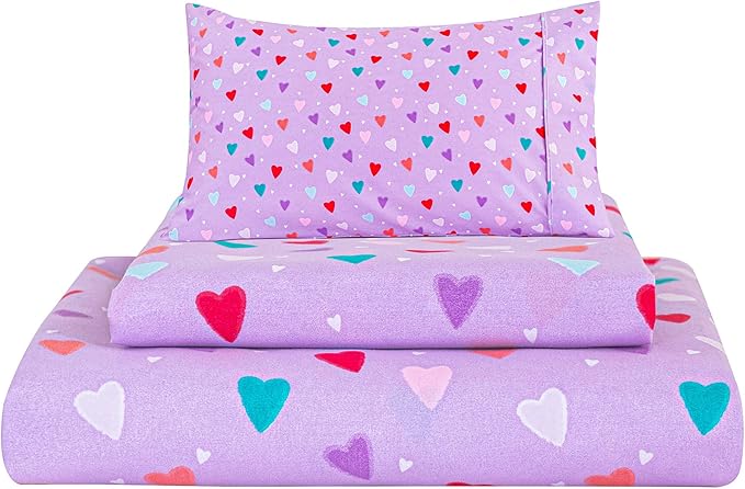 Viviland 4 Pieces Girls Purple Full Sheet Set - Soft Microfiber Fitted Flat Sheets & Pillowcases - Colorful Hearts Printed Bedding Sets - for Kids & Toddlers