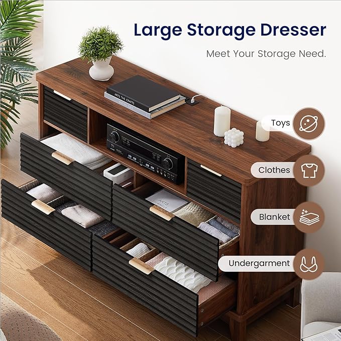 AOGLLATI Black Dresser for Bedroom with Slanted Louvre Design,Retro Chest of Drawers with Charging Station, Wooden Wide Led 6 Drawer Dresser for Bedroom,Living Room, Hallway, Black & Brown