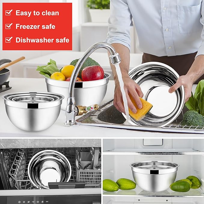 E-far Mixing Bowls with Lids, 12-Piece Stainless Steel Salad Bowls Metal Nesting Bowls for Baking Cooking and Prepping, Airtight Lids & Stackable Design, Size 7, 4.5, 3, 1.5, 1.2, 0.7 QT (Red)